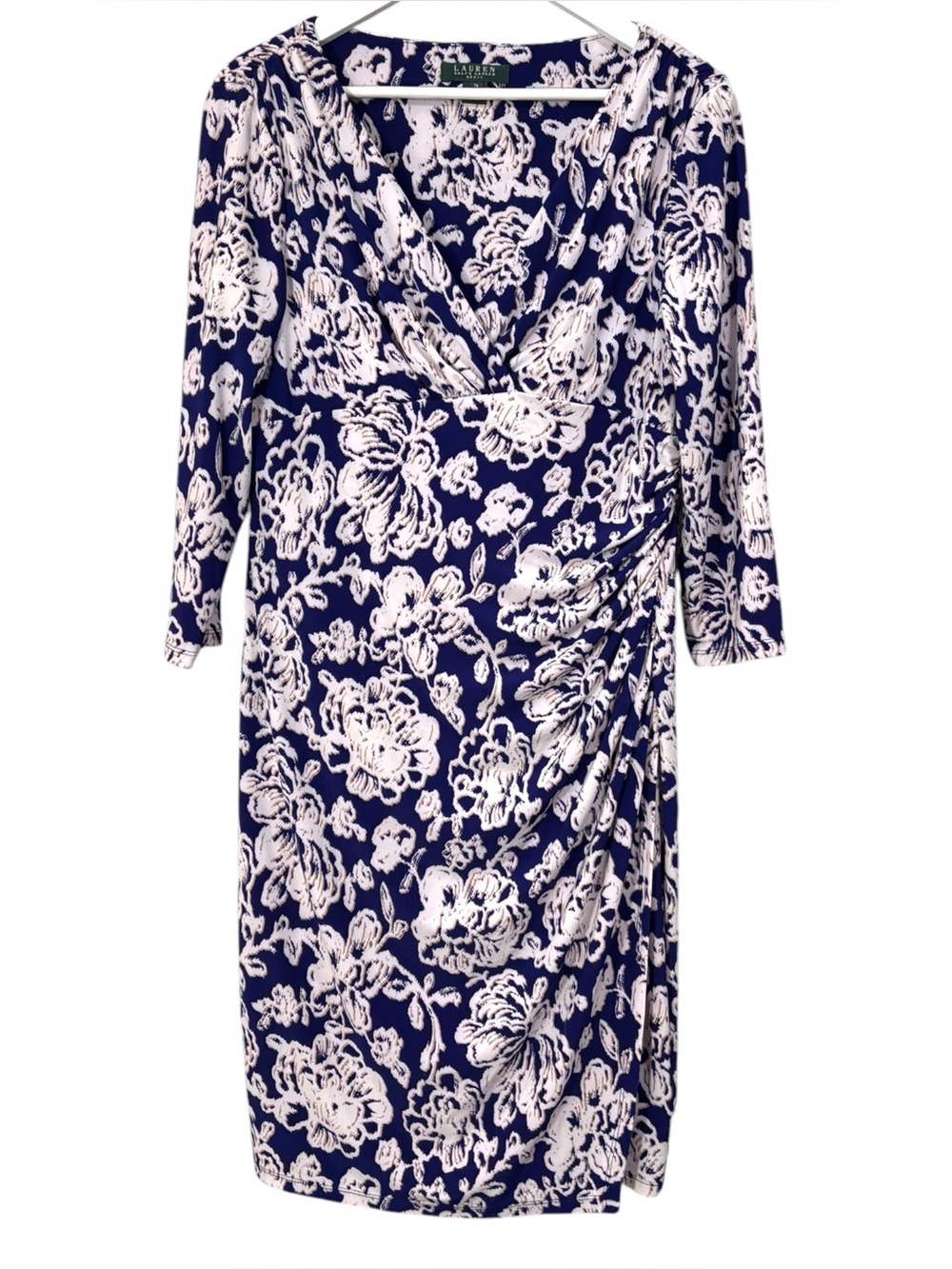 Lauren Ralph Lauren Blue White Floral Print Faux Wrap Dress Size 14 women’s